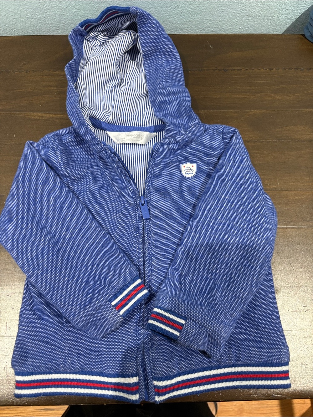 Mayoral Blue Hooded Zip Sweatshirt with Stripe Trim